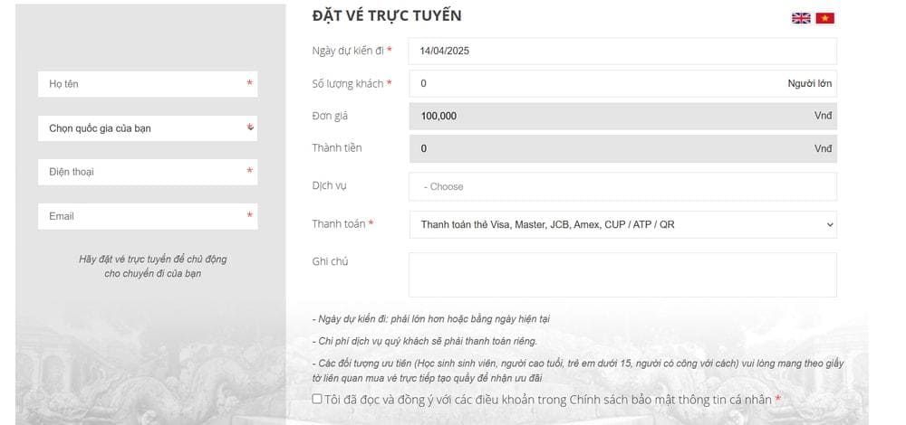 Bạn có thể đặt vé trực tuyến trên website vedientu.hoangthanhthanglong.com/ (Nguồn: Internet)